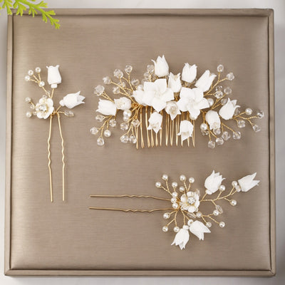 BJ448 Flower & Pearls Bridal Hairpins & Comb