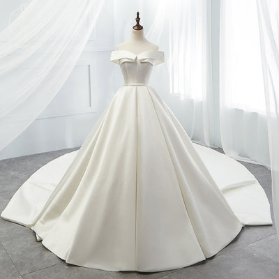 CW442 Simple Satin Boat Neck Wedding Gown