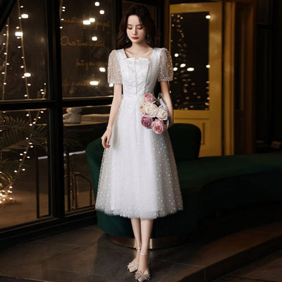 SS224 Polka dot Square Collar tea-length Wedding dress