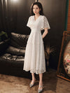 SS137 Full lace V-neck A-line Tea-length Wedding Dress