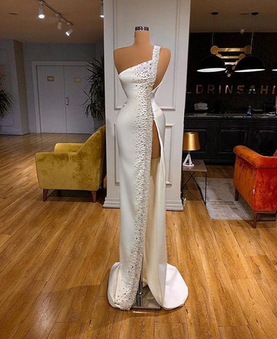 LG484 : 2 styles Classy white satin pearls beaded Evening Gowns