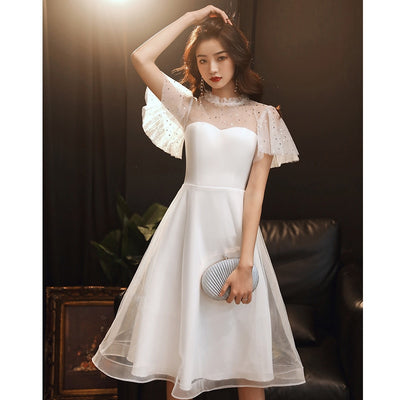 SS141 White High Collar Short Wedding Dress