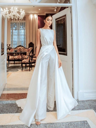 PD38 Classy satin Wedding jumpsuit with overskirt
