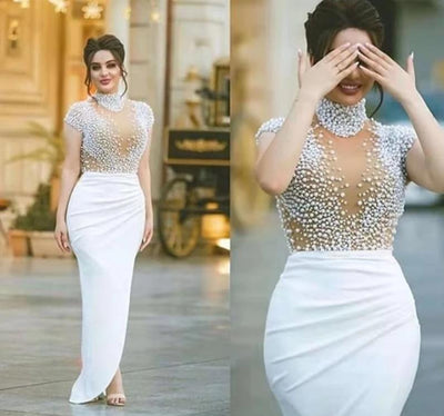 LG212 High Neck Pearls Beading see-though Evening Gown