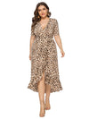 MX165 Plus Size Leopard V Neck Ruffle Split front Dresses (Pink/Khaki)