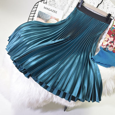 CK55 Korean shinny Pleated Midi Skirts (11 Colors )