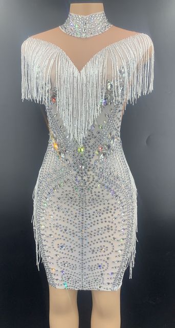 KP49 Sparkly Rhinestone Fringe Transparent Short Dresses ( 2 Colors )