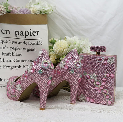 BS148 Pink diamond Bridal shoes with matching clutch bag set