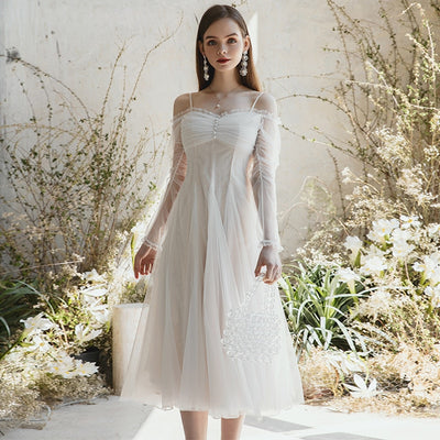 SS127 Vintage slash neck Mid-length Bridal Dress