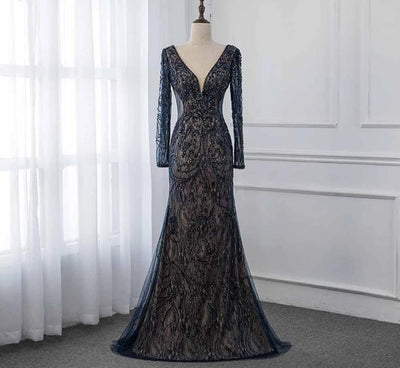 LG171 Elegant Navy Blue Long Sleeve Evening Dress