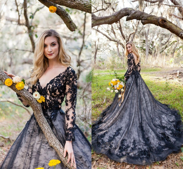 CG255 black lace long sleeve Gothic Wedding Dresses - Nirvanafourteen