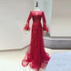 LG394 Real Pictures Evening Gown Long sleeves feather beaded ( 4 Colors )