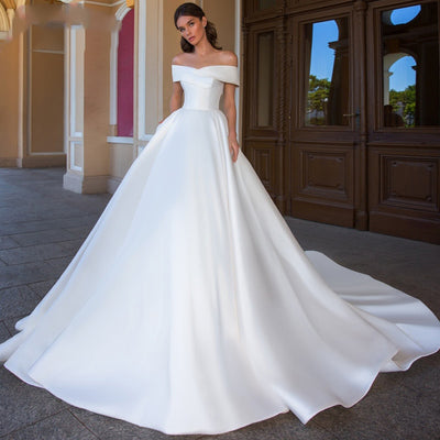 HW303 High quality Matte Satin A-Line Wedding Dress with Chapel Train