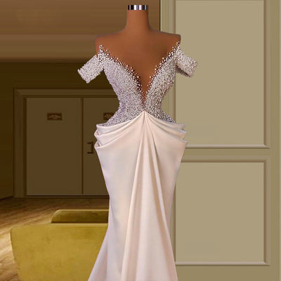 HW335 Off the shoulder pearl beaded mermaid Wedding Gown