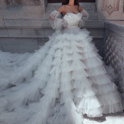 CG187 Feather Ruffle Wedding dress with detachable sleeves