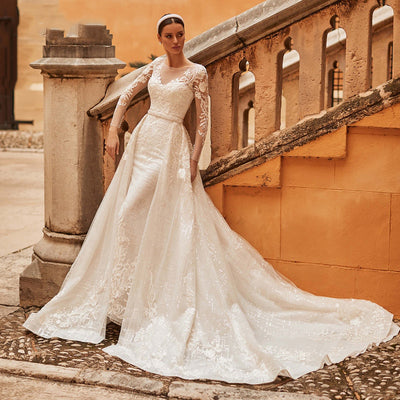 HW253 Glamorous long sleeves mermaid Bridal gown with detachable train