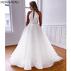 CW609 Simple Heyhole High Neck Crystals Bridal Gowns with Pockets