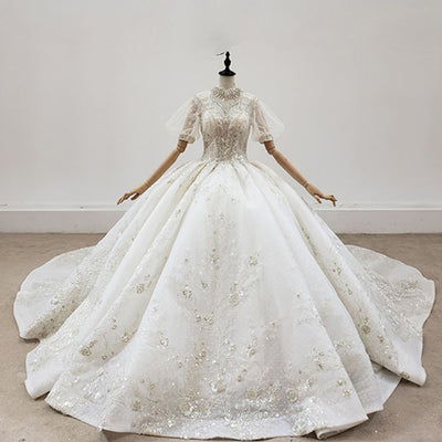 HW315 Real pictures: Luxury High Neck short puff sleeves Wedding Gown
