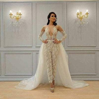 PD77 Illusion Long Sleeve Wedding Jumpsuit with Detachable Train