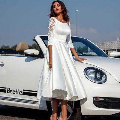 SS188 : 3/4 Long Sleeve Satin Ankle Length Bridal Gown