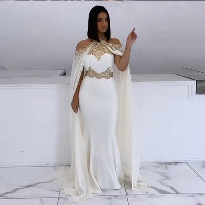 PP435 Halter gold Beaded Prom Gowns with cape ( custom colors )