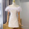 SS172 Ostrich feather Off Shoulder short Wedding dress