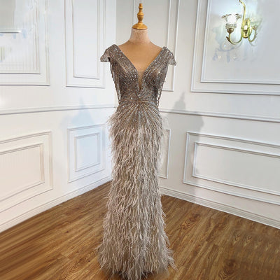 LG370 Real Photo Luxurious brown beaded feather Pageant Gown