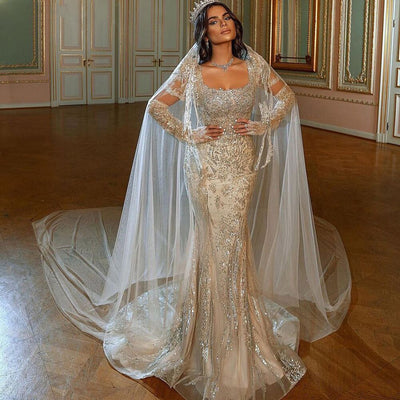 HW368 Luxury Ivory beaded Wedding Gown with detachable sleeves