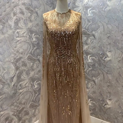 LG549 Real pictures handmade Gold Cape Sleeves Evening Gowns