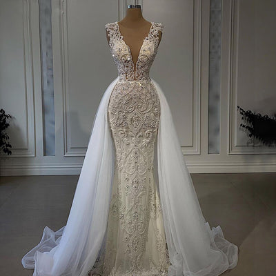 HW367 Luxury Ivory full beaded mermaid Wedding dress with overskirt