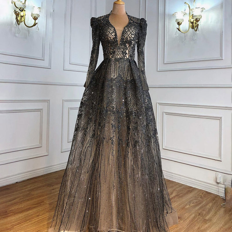 LG486 Real picture Luxurious Muslim grey beaded A-line Evening Gowns ...