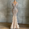 LG443 Luxurious nude bedded feather mermaid Evening Gowns