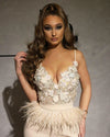JR99 Spaghetti Strap Lace Appliqued Feather Prom Jumpsuit