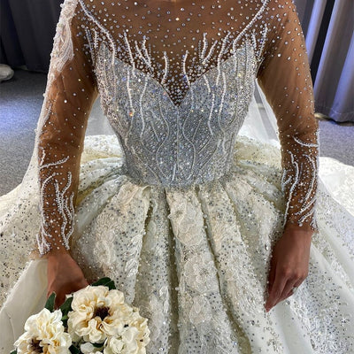 HW430 Luxury Beaded Long Sleeves satin Wedding Gown
