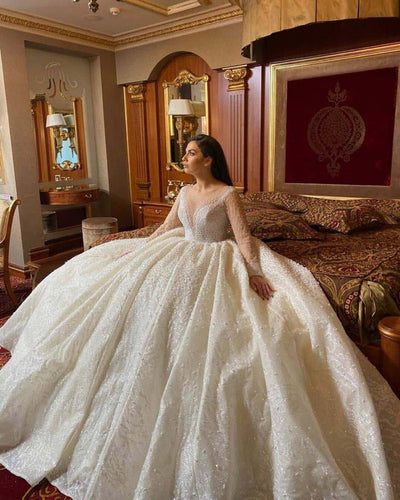 HW422 Luxury Sheer Illusion NeckPearls Beading Wedding Dress