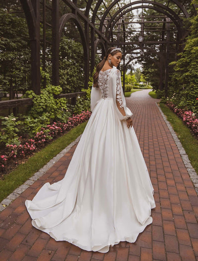 CW533 Puff Sleeves Satin Garden Bridal dress