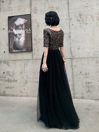 PP356 Black Half sleeves sequined Evening Dress