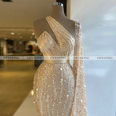 LG406 One Shoulder Feather Mermaid Evening Dress With Cape