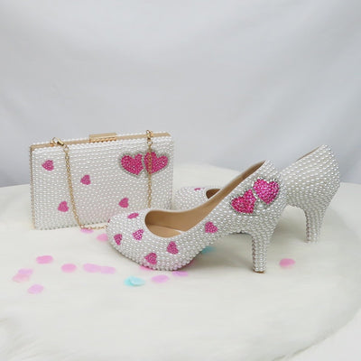 BS142 Lover heart White pearl Bridal Shoes , matching purse