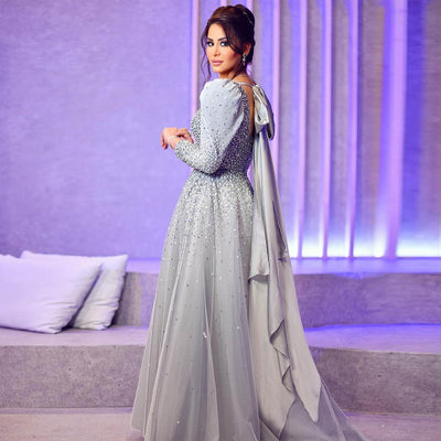 LG460 Classic Arabic Puff Long Sleeve Crystals Evening Dresses