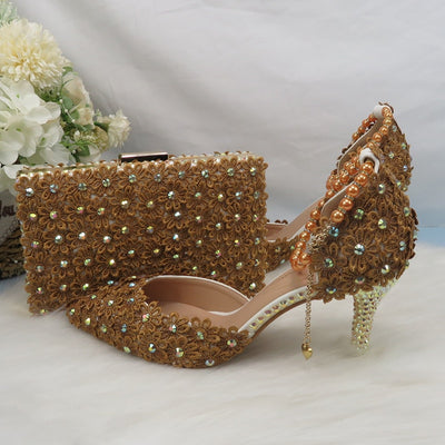BS205 Coffee color Lace Flower Wedding Shoes & Bags