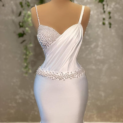 CW354 simple satinpearls beaded mermaid wedding dress