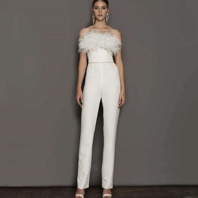 PD90 Feathers Strapless Wedding Jumpsuits