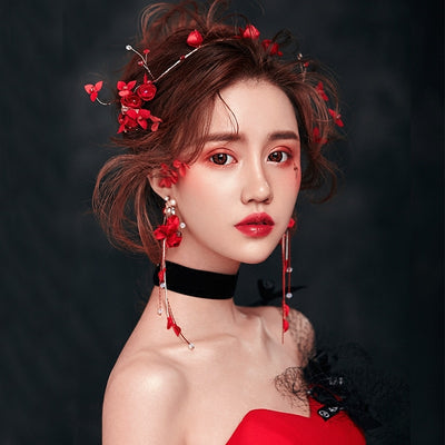 BJ343: 3pcs Red Flower Bridal jewelry sets ( headband+Earrings)