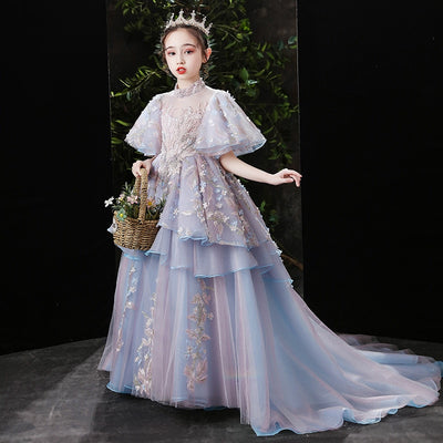 FG466 : 3d flower blue Princess Girl Dress