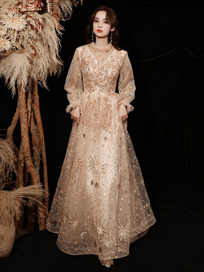 BH271 Gorgeous Champagne High Collar Long Sleeve Bridesmaid Dress