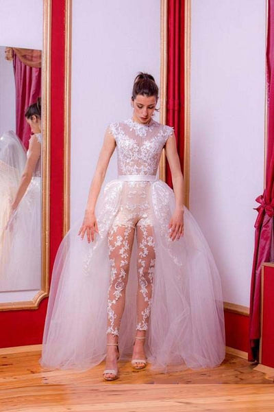 PD42 Lace Jumpsuit Wedding dress with detachable train