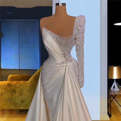 HW491 Gorgeous Pearls beaded Satin Bridal dress