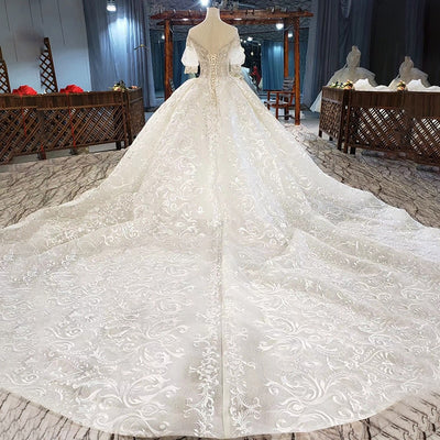 HW306 Luxurious Short Puff Sleeve Crystal Beading Sequined Wedding Dress