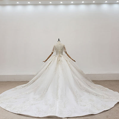 HW315 Real pictures: Luxury High Neck short puff sleeves Wedding Gown